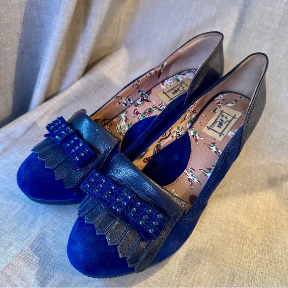 MISS L FIRE Delano 41 (10 - 10.5) navy blue suede leather loafer heel pumps bows - Picture 4 of 13